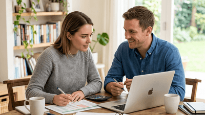 Young couple reviewing financial documents with laptop showing budget spreadsheet