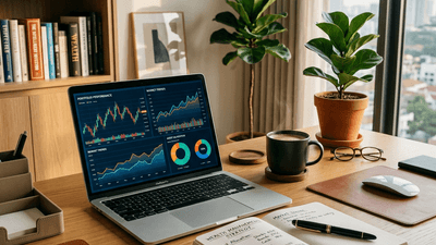 Home office desk with financial charts on laptop screen