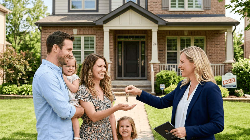 Real estate agent handing house keys to happy family in front of suburban home