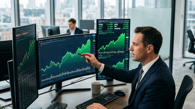 Businessman analyzing stock market charts on multiple monitors in modern office